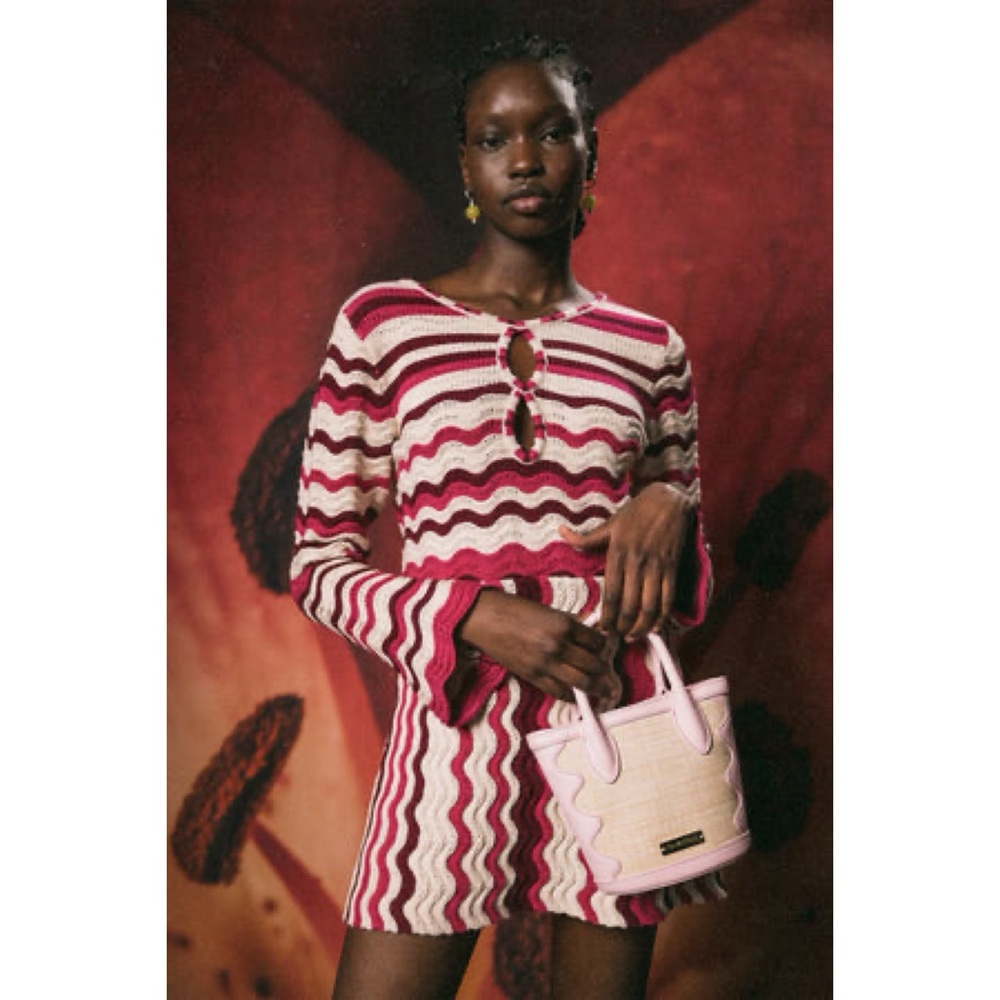 NWT Anthropologie The Wolf Gang Zig Zag Crochet 70s Boho Lucid Knit Mini Dress